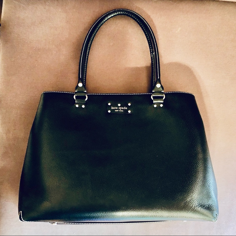 Kate Spade Handbag, Black Leather Medium Sized Tote With Hot Pink Fuchsia Lining